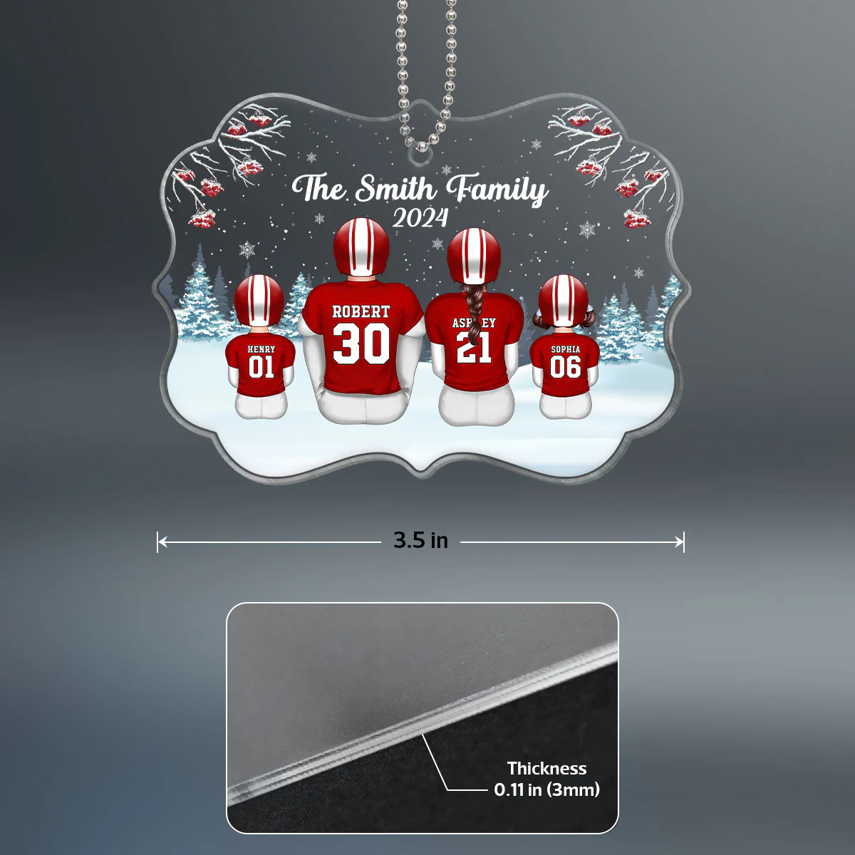 Football Family Sitting In Snow Personalized Acrylic Ornament, Christmas Gift - Image 4