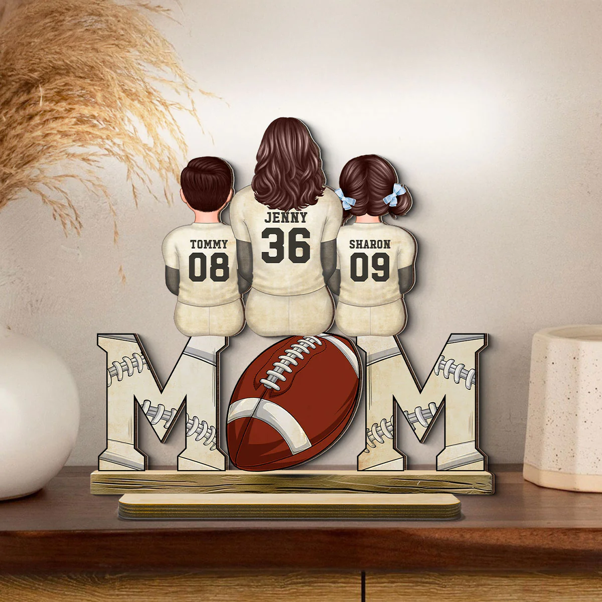 Football Mom And Kids Personalized Standing Wooden Plaque, Gift for Mom, Gift for Wife