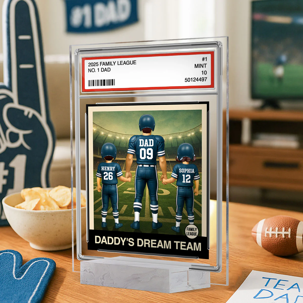 Football No. 1 Dad Man & Kids Trading Card Style Personalized Acrylic Plaque - Image 4