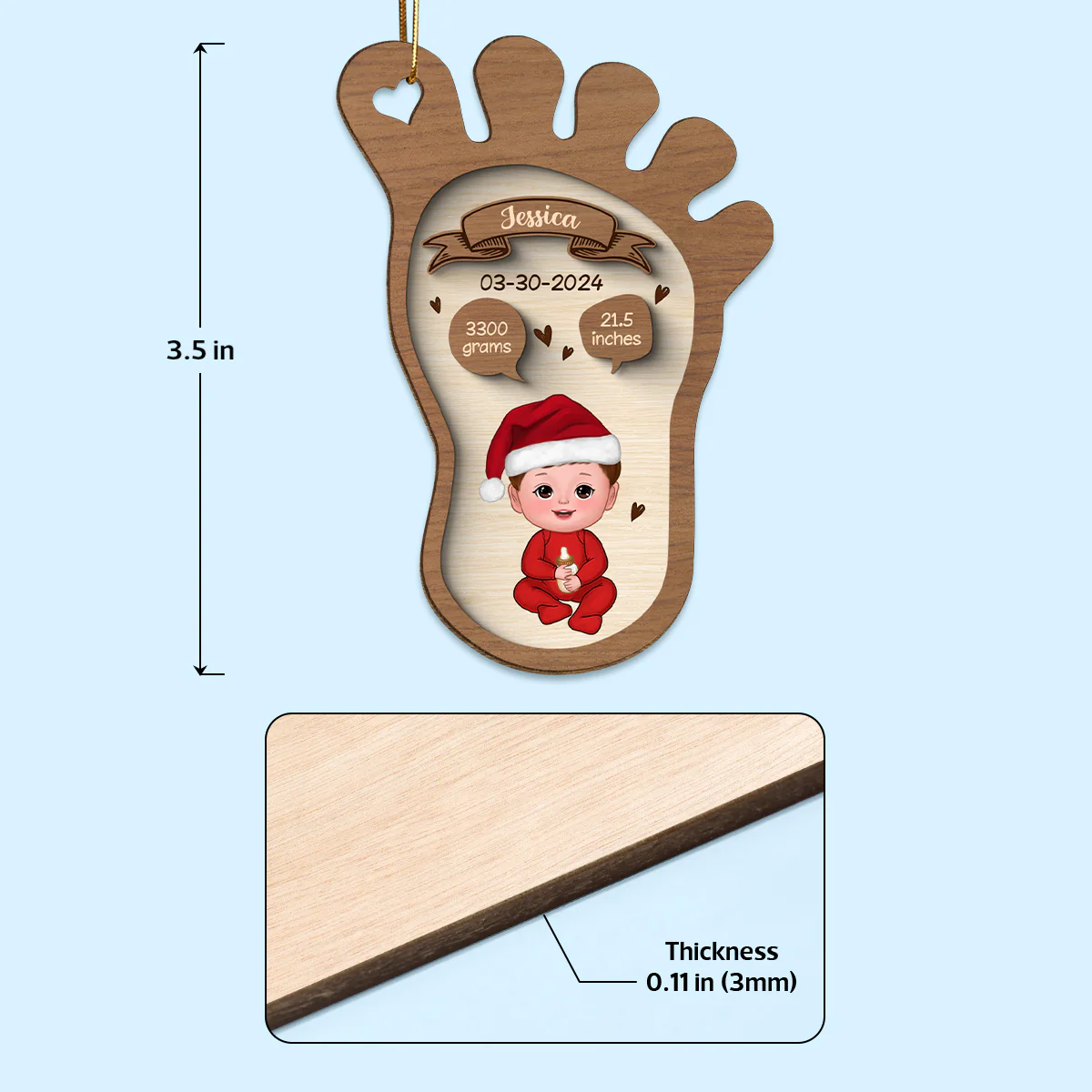 Footprint Baby Birth Christmas Personalized Wooden Ornament - Image 4