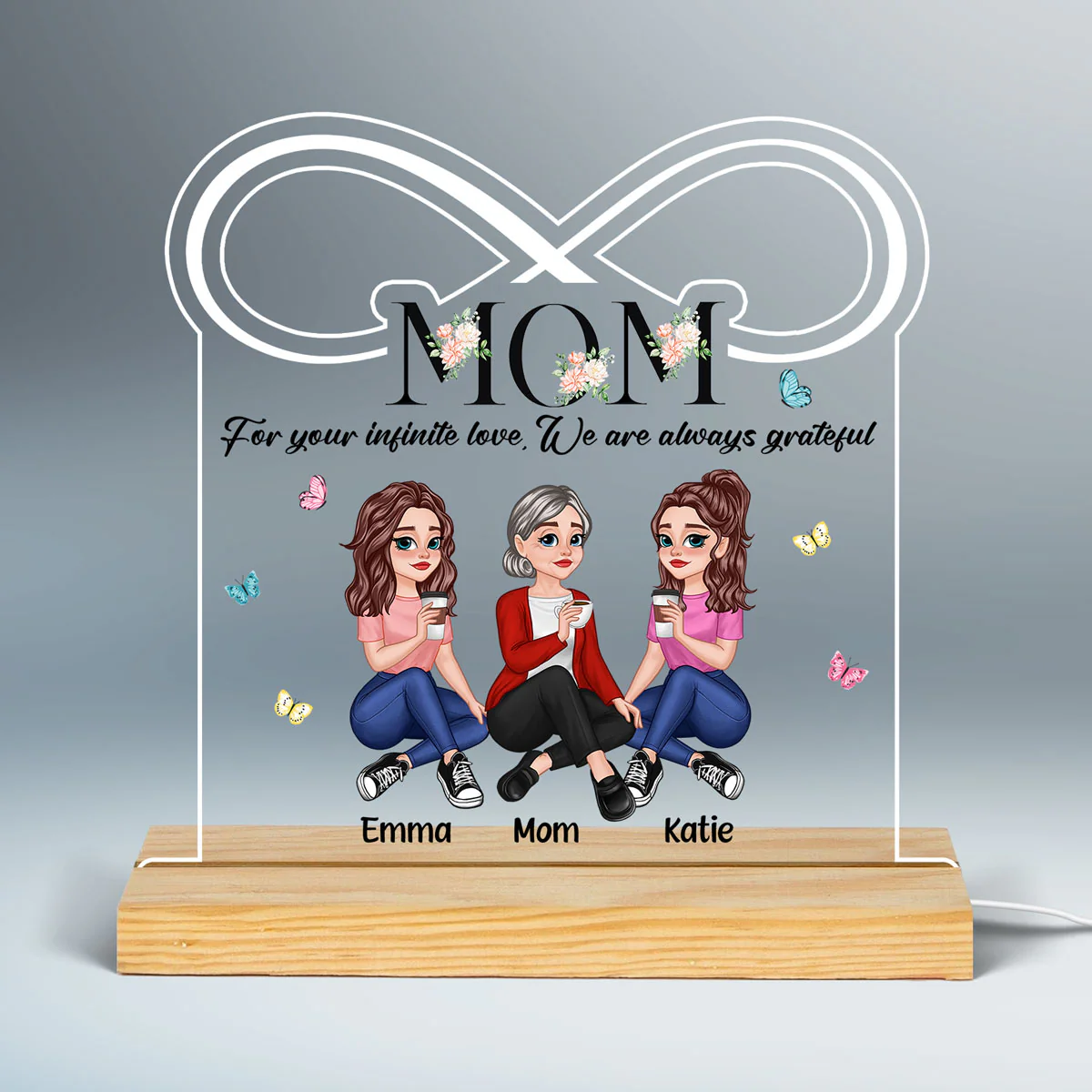 For Your Infinite Love Pretty Cartoon Mom Daughters Sitting Floral Custom Shape Acrylic Plaque LED Night Light - Image 3