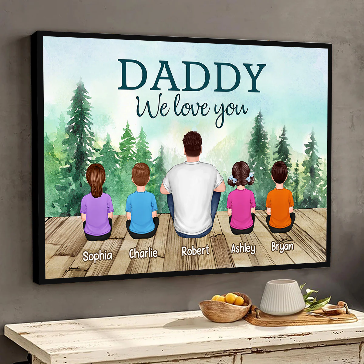 Forest Landscape Dad Grandpa We Love You Back View Dad And Kids Dogs Cats Sitting Personalized Horizontal Poster - Image 2