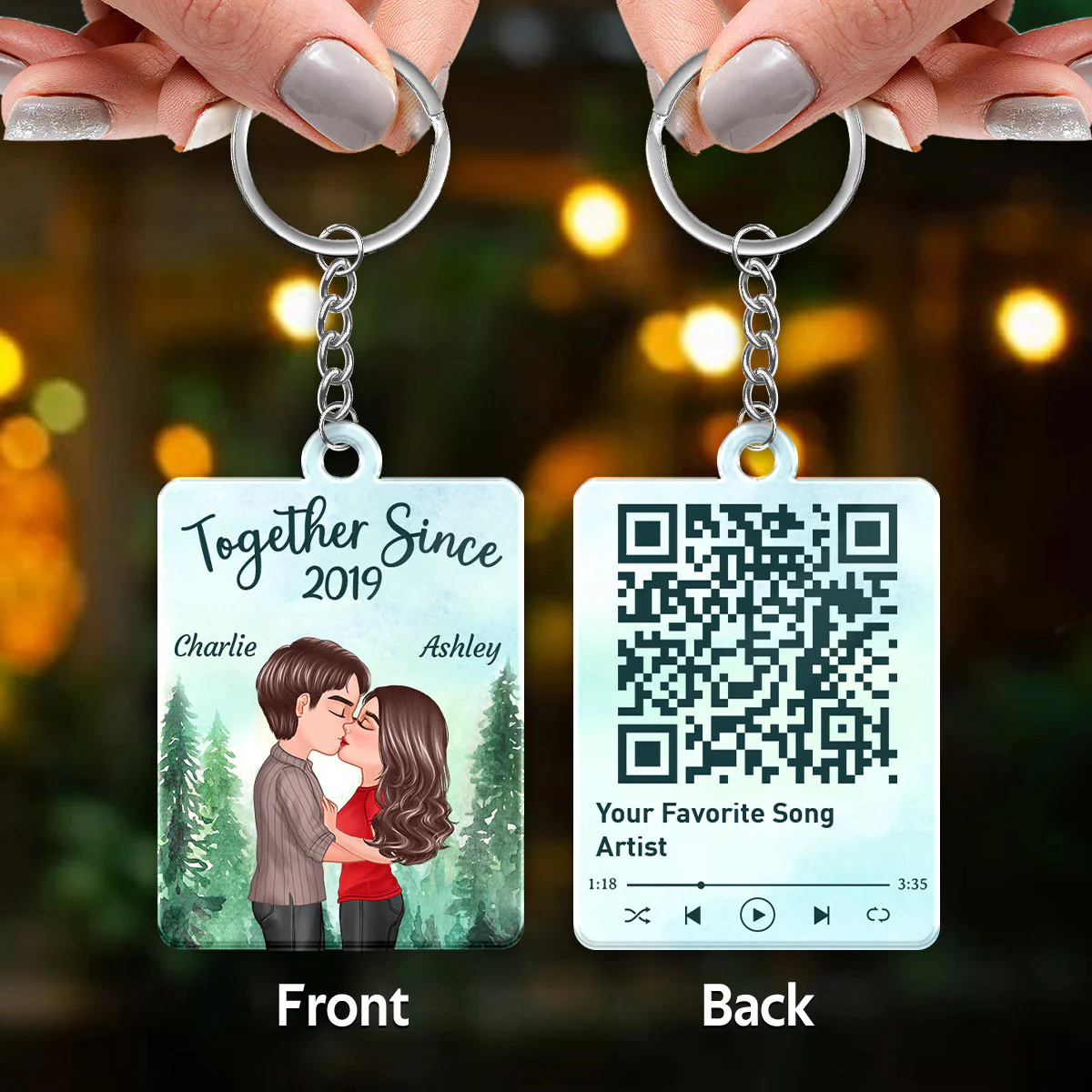 Forest Landscape Doll Couple Kissing Favorite Song Scannable QR Code Personalized Acrylic Keychain - Image 3