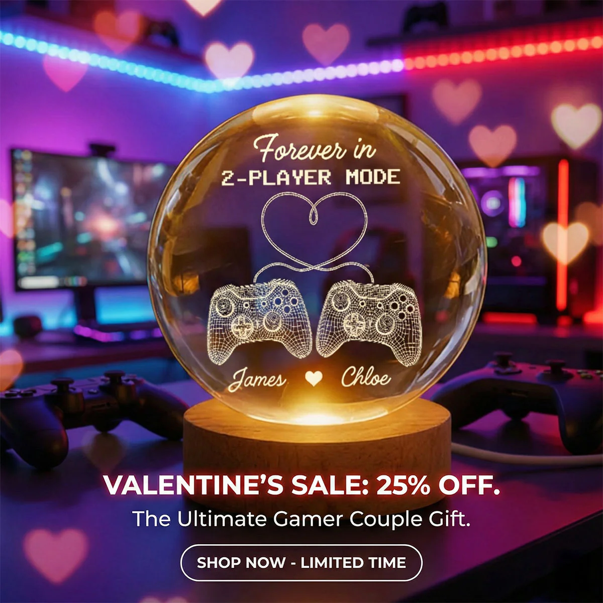 Forever In 2-Player Mode Game Controllers - Personalized Crystal Ball LED Night Light - Gamer Couple Gift - Image 2