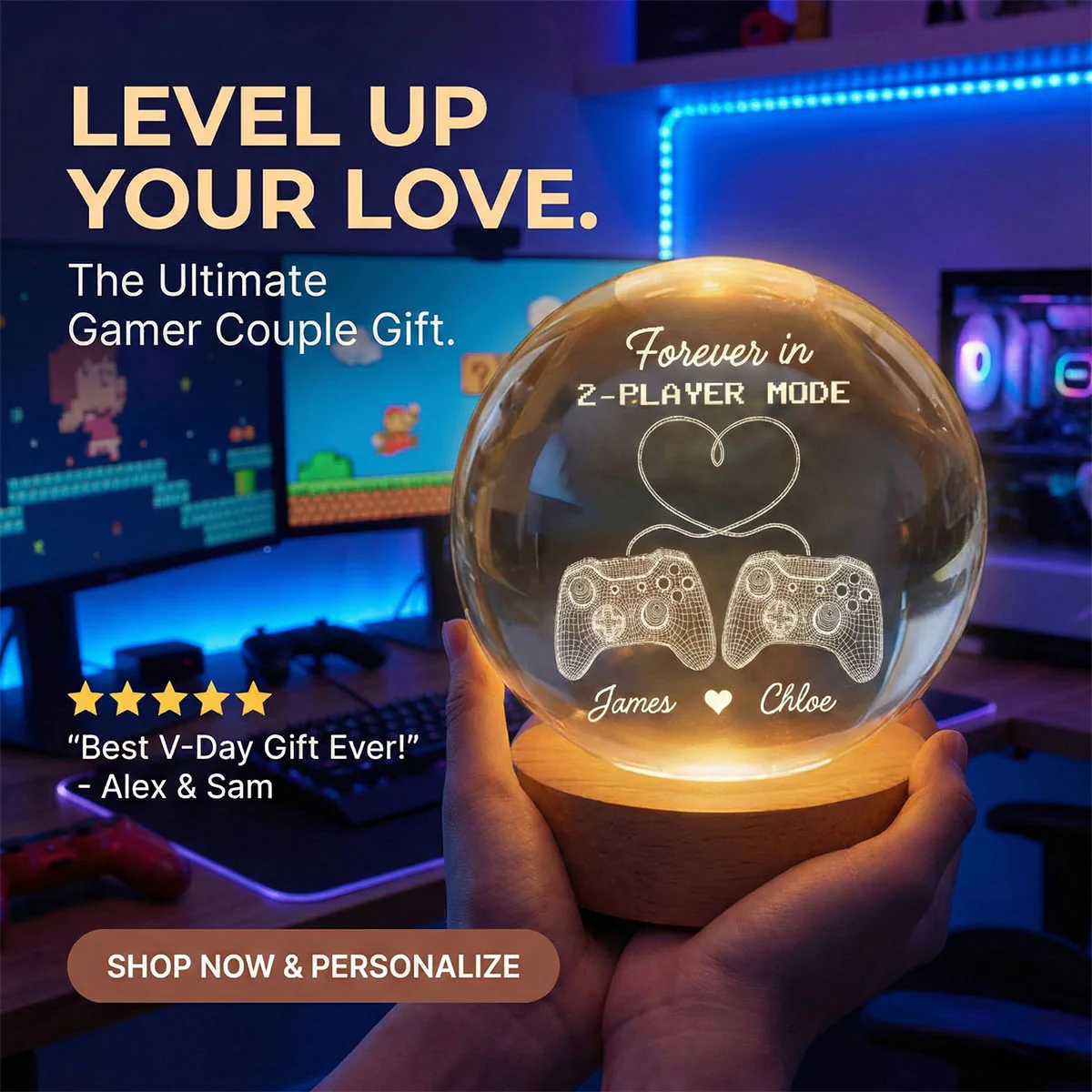 Forever In 2-Player Mode Game Controllers - Personalized Crystal Ball LED Night Light - Gamer Couple Gift - Image 3