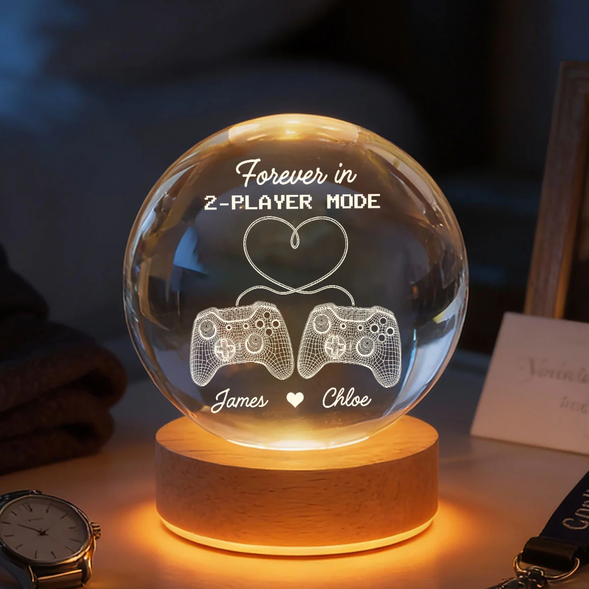 Forever In 2-Player Mode Game Controllers - Personalized Crystal Ball LED Night Light - Gamer Couple Gift - Image 5