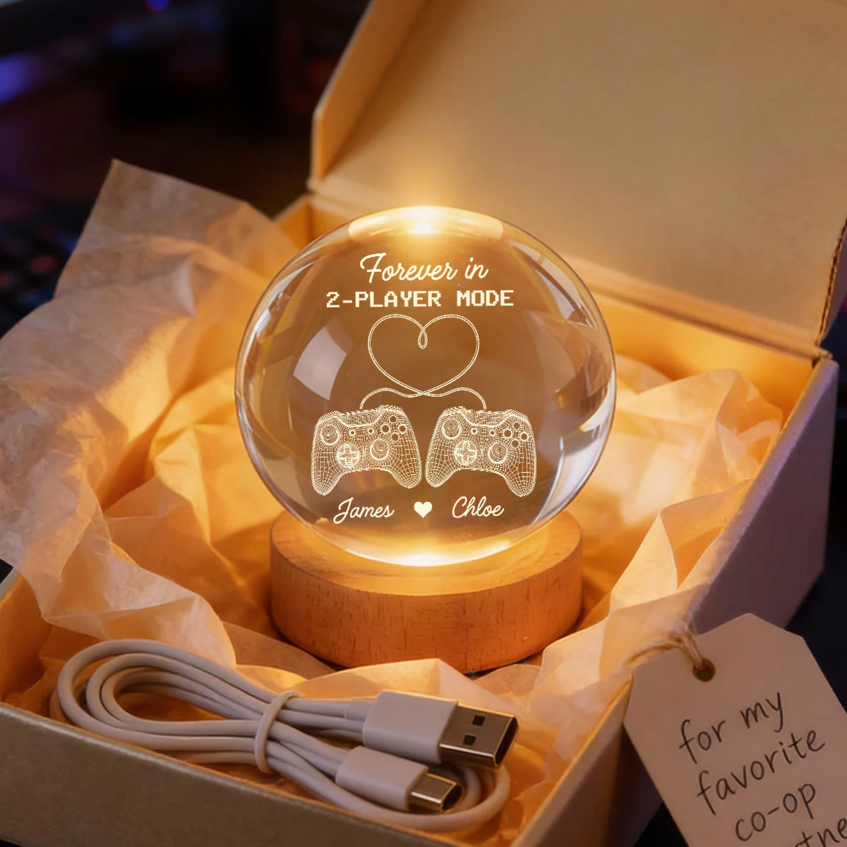 Forever In 2-Player Mode Game Controllers - Personalized Crystal Ball LED Night Light - Gamer Couple Gift - Image 6