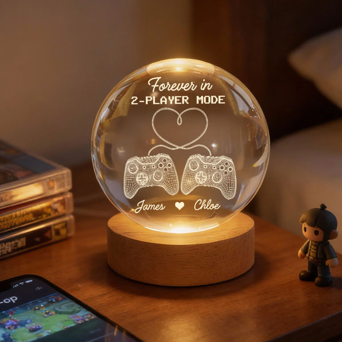Forever In 2-Player Mode Game Controllers - Personalized Crystal Ball LED Night Light - Gamer Couple Gift - Image 7