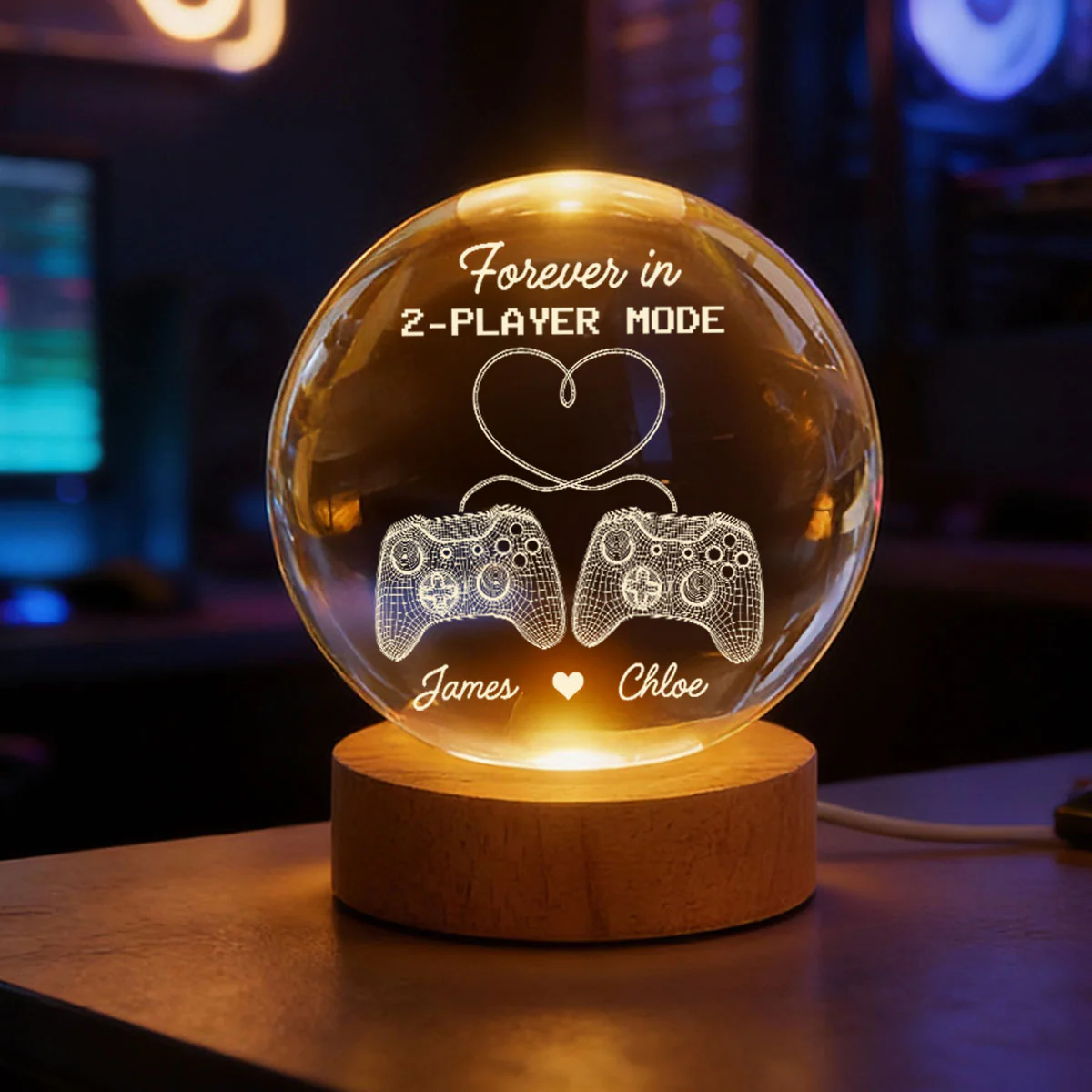 Forever In 2-Player Mode Game Controllers - Personalized Crystal Ball LED Night Light - Gamer Couple Gift - Image 8