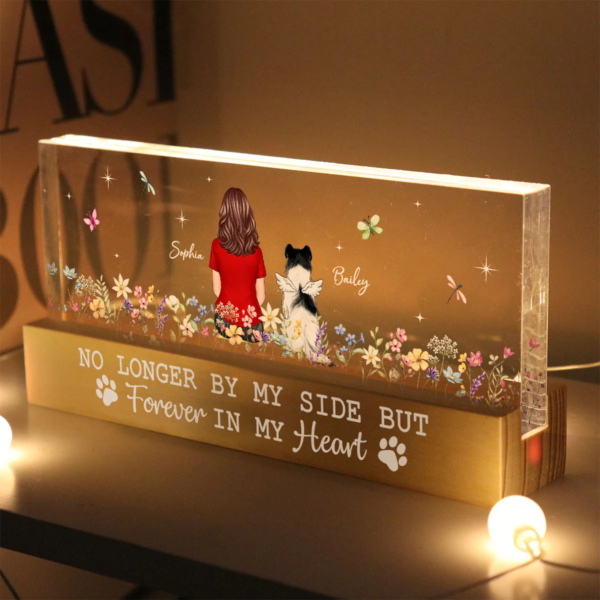 Forever In My Heart Dog Cat Memorial Floral Sympathy Gift Memorial Keepsake Personalized Acrylic Block LED Night Light - Image 3