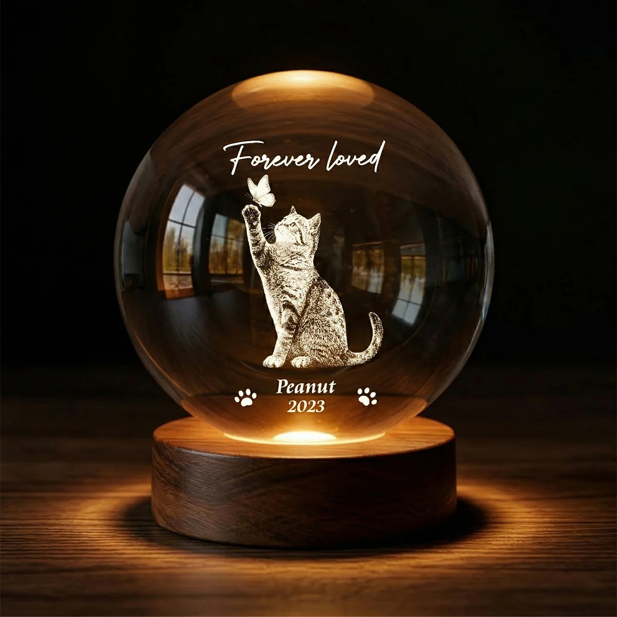 Forever In My Heart Memorial Cat Butterfly - Personalized Crystal Ball LED Night Light - Sympathy Gift For Cat Lovers