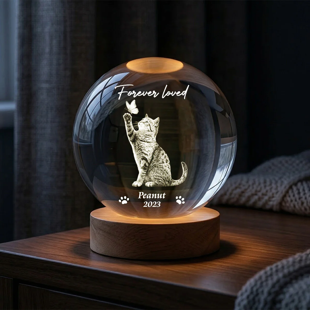 Forever In My Heart Memorial Cat Butterfly - Personalized Crystal Ball LED Night Light - Sympathy Gift For Cat Lovers - Image 3