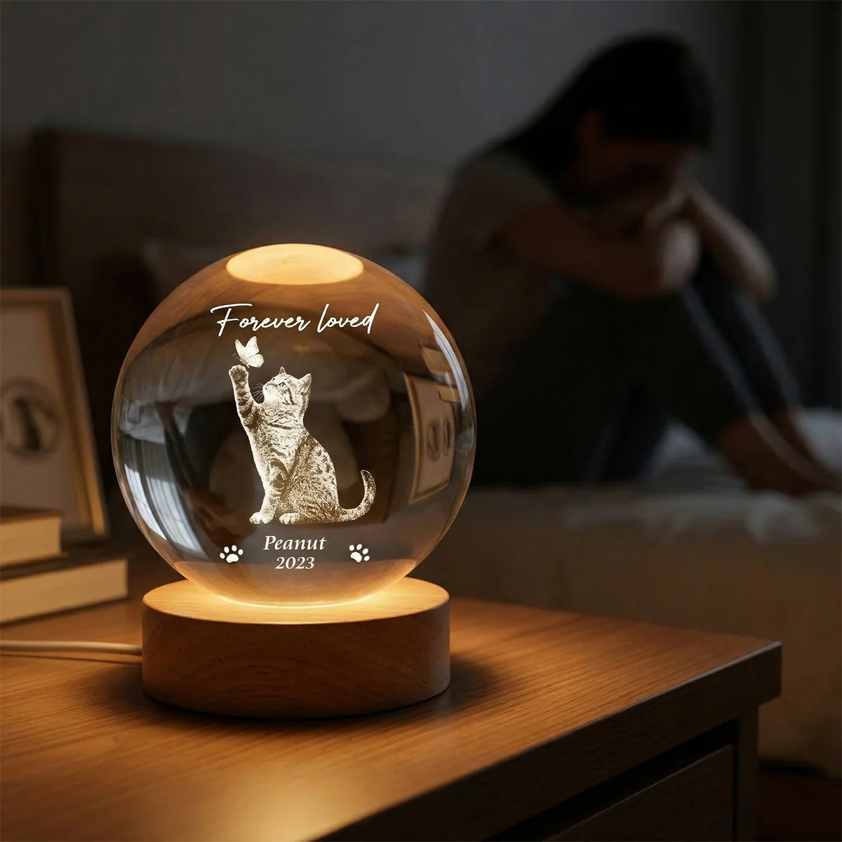 Forever In My Heart Memorial Cat Butterfly - Personalized Crystal Ball LED Night Light - Sympathy Gift For Cat Lovers - Image 4