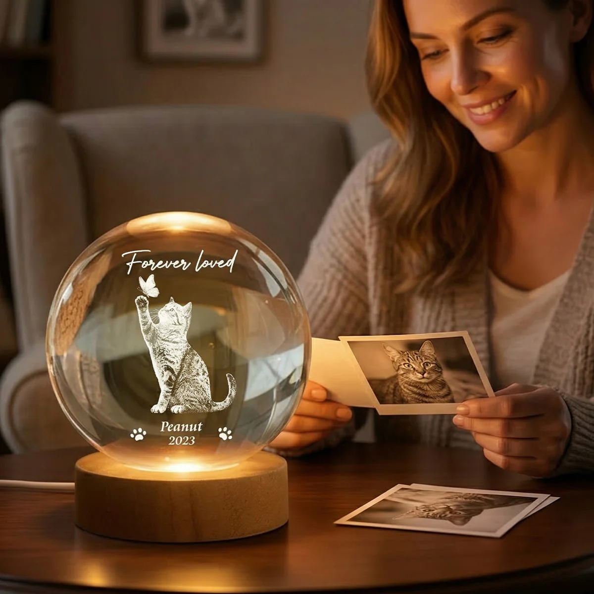 Forever In My Heart Memorial Cat Butterfly - Personalized Crystal Ball LED Night Light - Sympathy Gift For Cat Lovers - Image 5