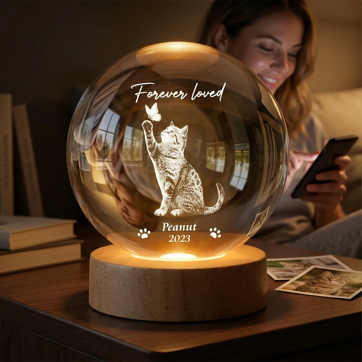 Forever In My Heart Memorial Cat Butterfly - Personalized Crystal Ball LED Night Light - Sympathy Gift For Cat Lovers - Image 6