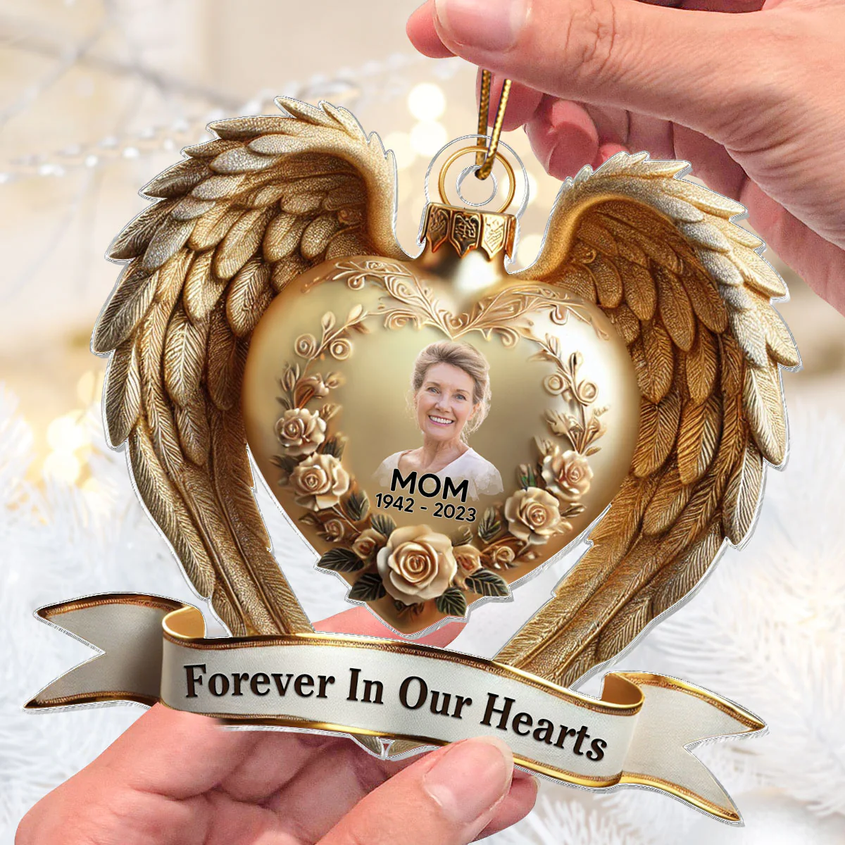 Forever In Our Hearts Angel Wings Photo Upload Memorial Keepsake 3D Effect Personalized Acrylic Flat Ornament - Image 2