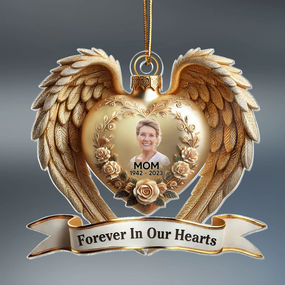 Forever In Our Hearts Angel Wings Photo Upload Memorial Keepsake 3D Effect Personalized Acrylic Flat Ornament - Image 3