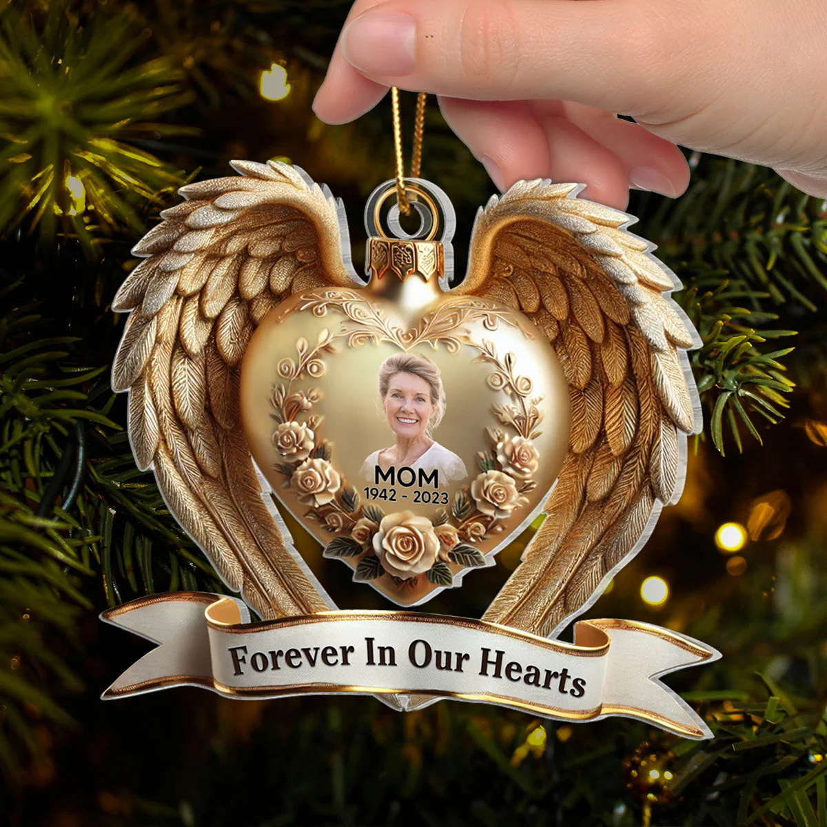 Forever In Our Hearts Angel Wings Photo Upload Memorial Keepsake 3D Effect Personalized Acrylic Flat Ornament - Image 4