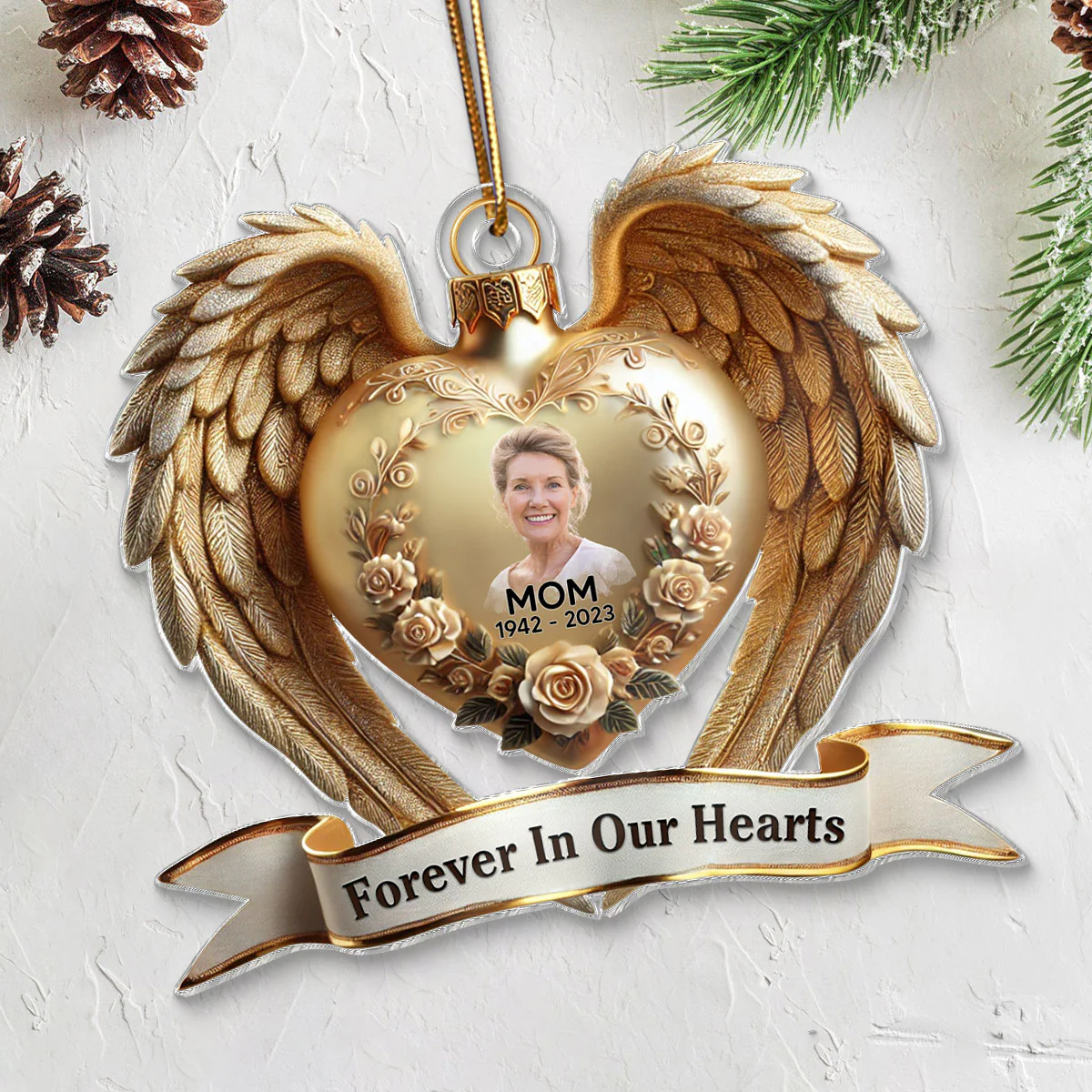 Forever In Our Hearts Angel Wings Photo Upload Memorial Keepsake 3D Effect Personalized Acrylic Flat Ornament - Image 5