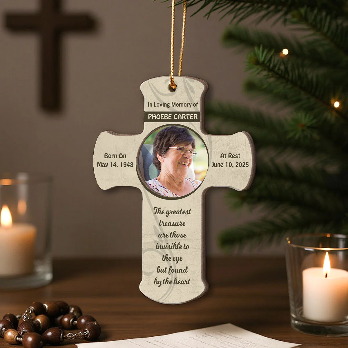 Forever in Our Hearts Memorial Keepsake, Sympathy Gift Photo Cross Christmas Personalized 2-Layer Wooden Ornament - Image 3