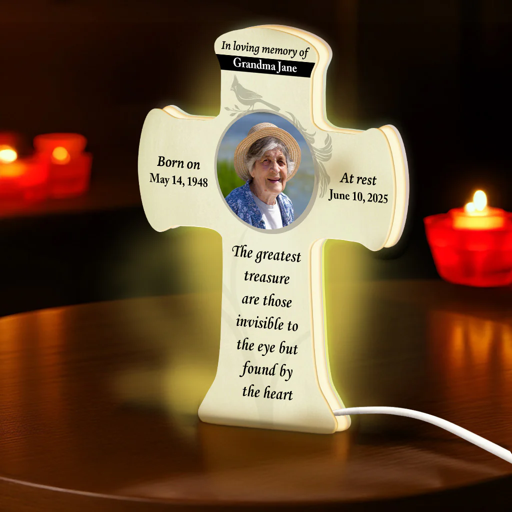 Forever in Our Hearts Memorial Photo Cross Personalized LED Light Box - Image 2