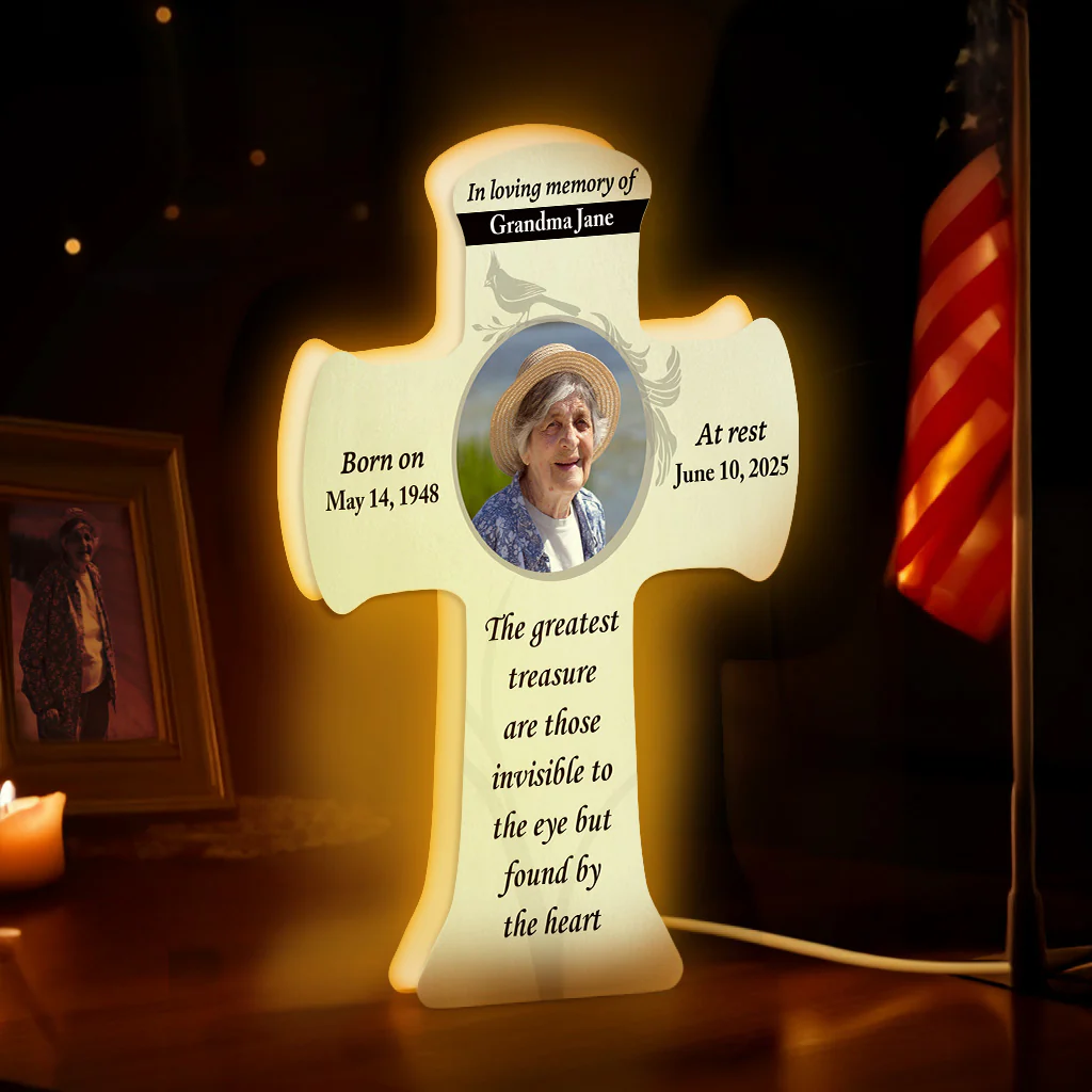 Forever in Our Hearts Memorial Photo Cross Personalized LED Light Box - Image 3