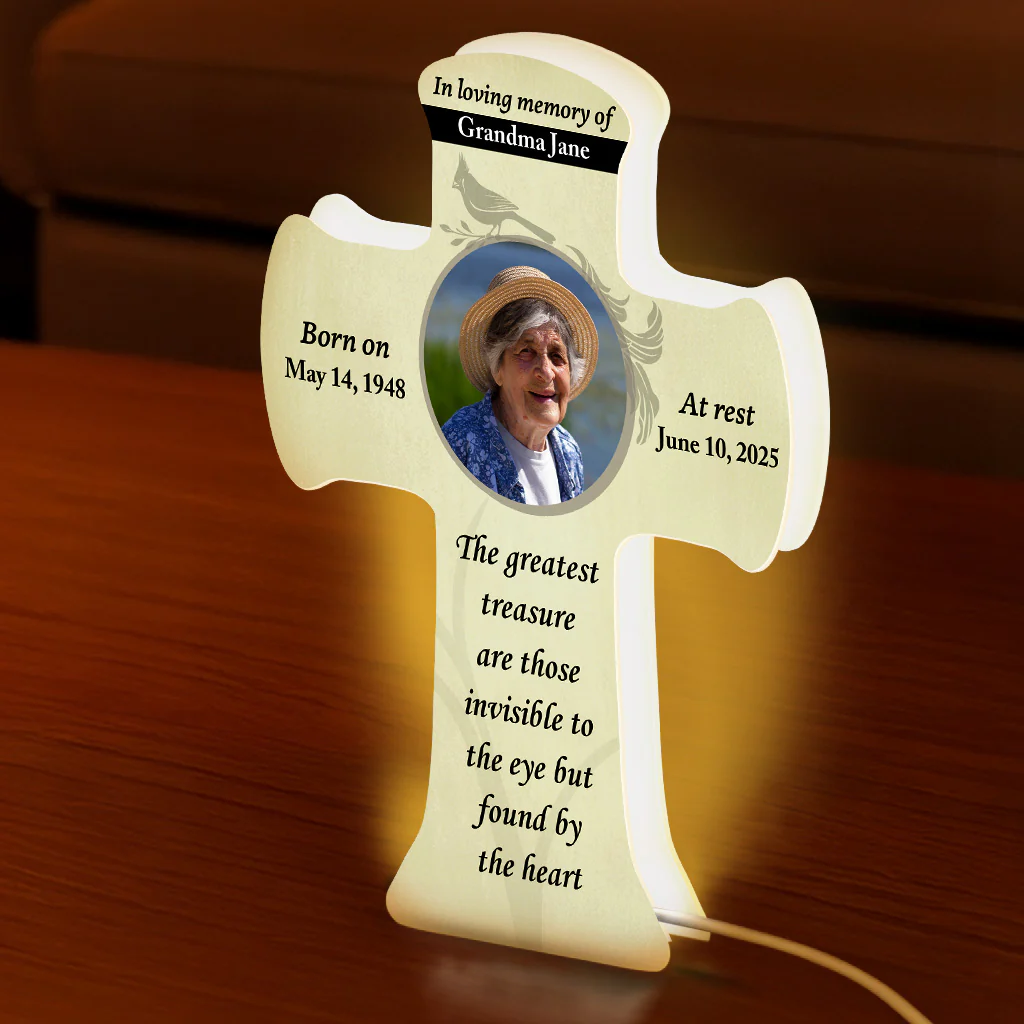 Forever in Our Hearts Memorial Photo Cross Personalized LED Light Box - Image 4