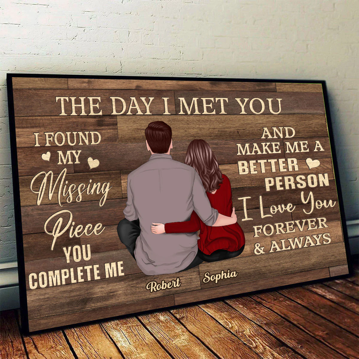 Found My Missing Piece Back View Couple Sitting Brown Palette Personalized Horizontal Poster - Image 2