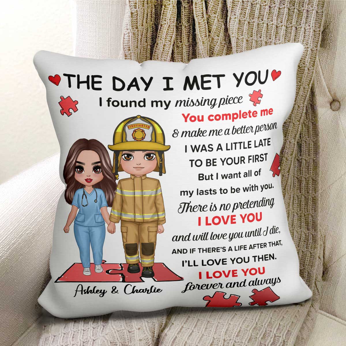 Found My Missing Piece Couple Standing Gifts by Occupation Gift For Her Gift For Him Firefighter, Nurse, Police Officer Personalized Pillow - Image 2