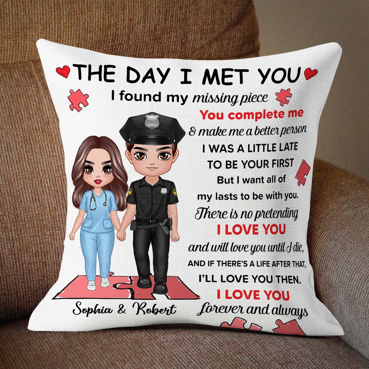 Found My Missing Piece Couple Standing Gifts by Occupation Gift For Her Gift For Him Firefighter, Nurse, Police Officer Personalized Pillow - Image 4