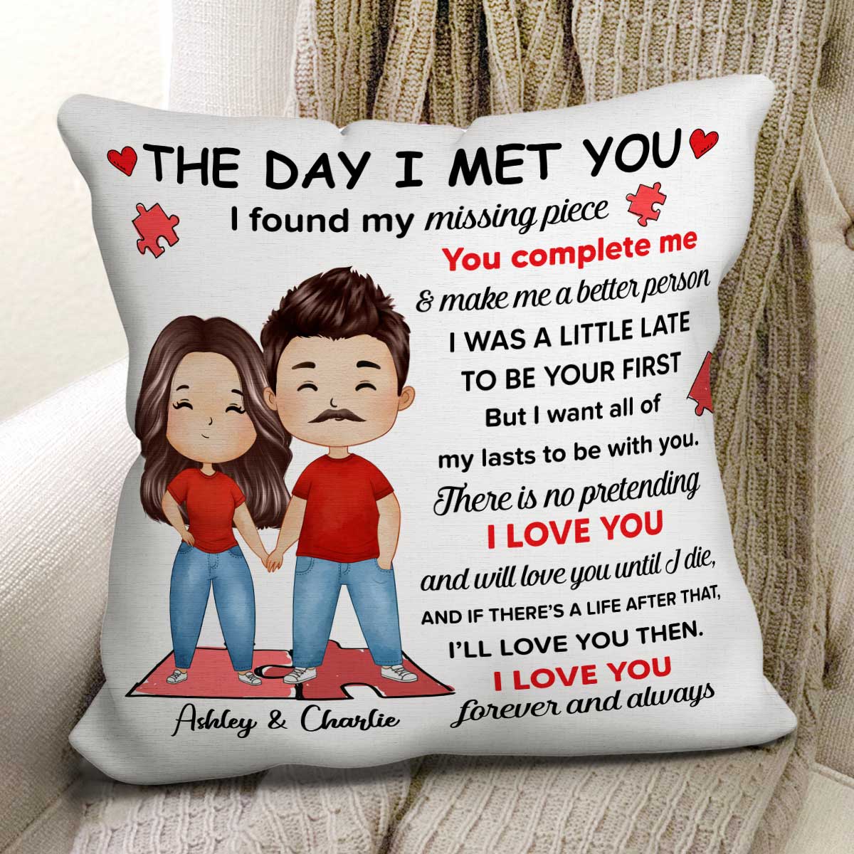 Found My Missing Piece Watercolor Couple Personalized Pillow - Anniversary Gift For Couple - Gift For Him Gift For Her - Image 2