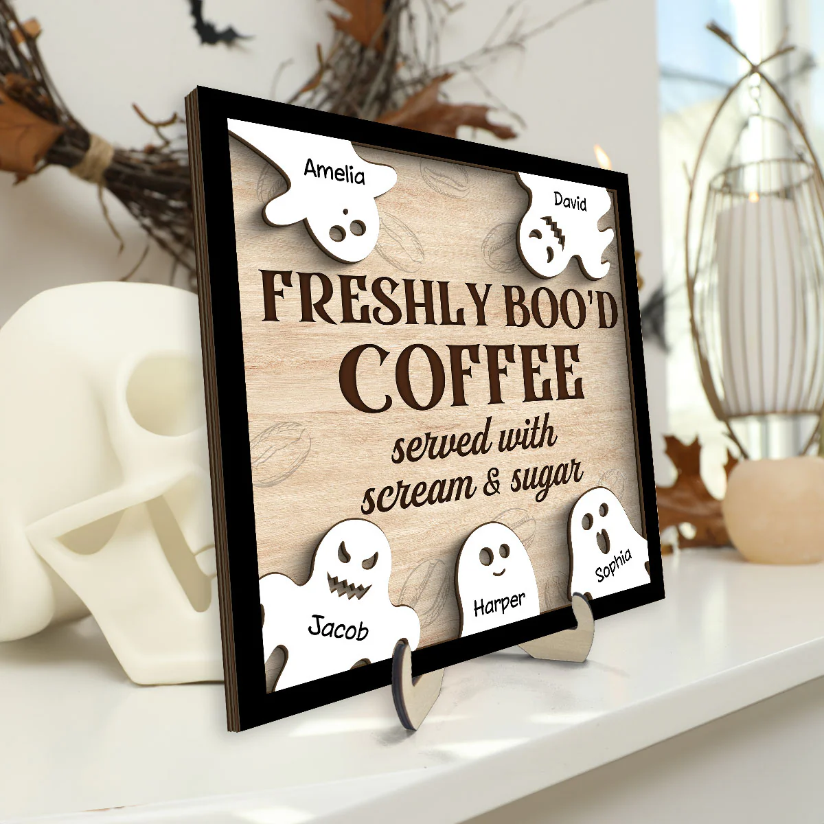 FRESHLY BOO'D COFFEE Ghost Family Personalized 2-Layer Wooden Plaque - Image 3