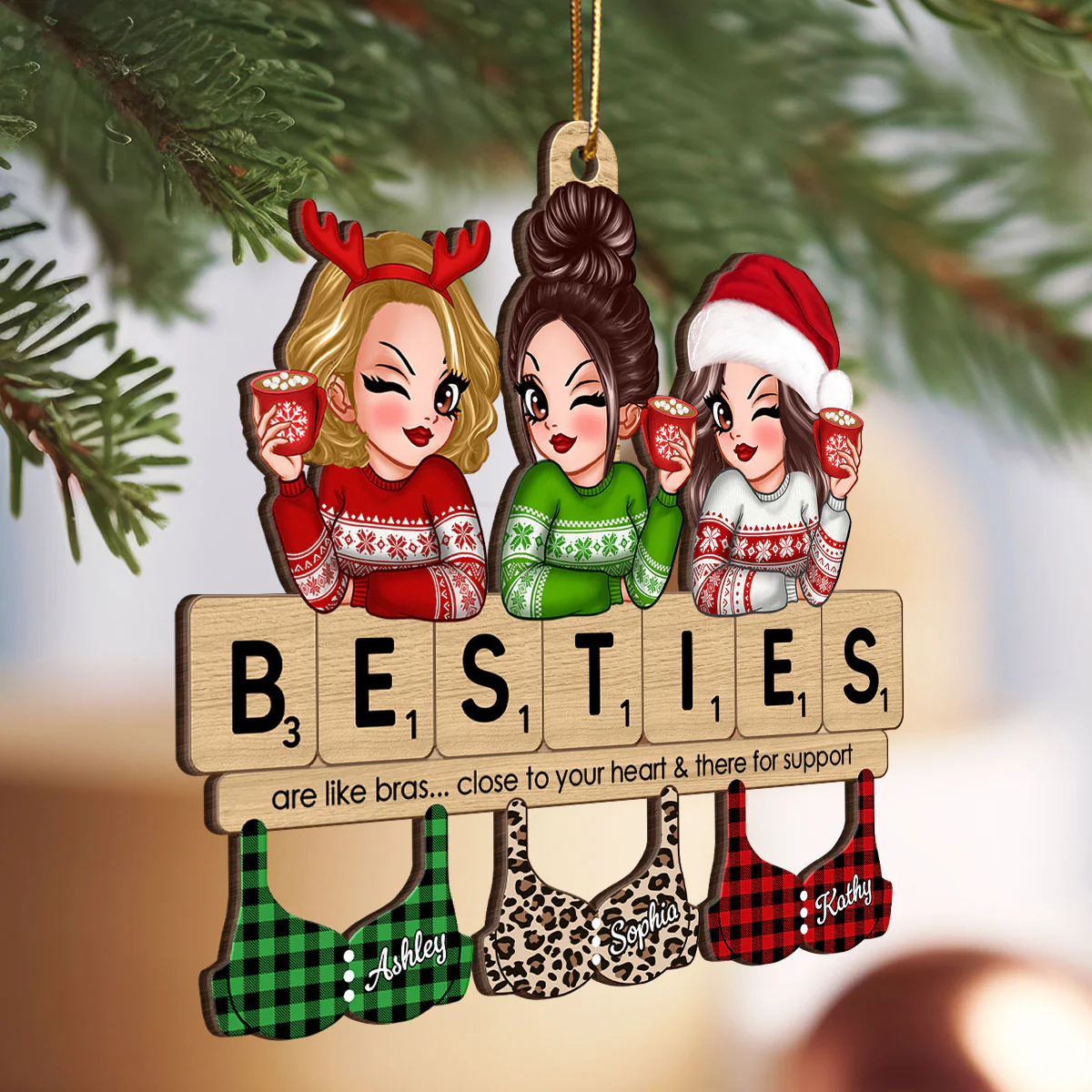 Friends Are Like Bras Girls Sitting On Puzzle Words Personalized Wooden Ornament - Image 3
