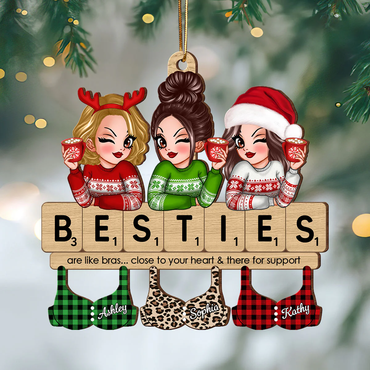 Friends Are Like Bras Girls Sitting On Puzzle Words Personalized Wooden Ornament - Image 4