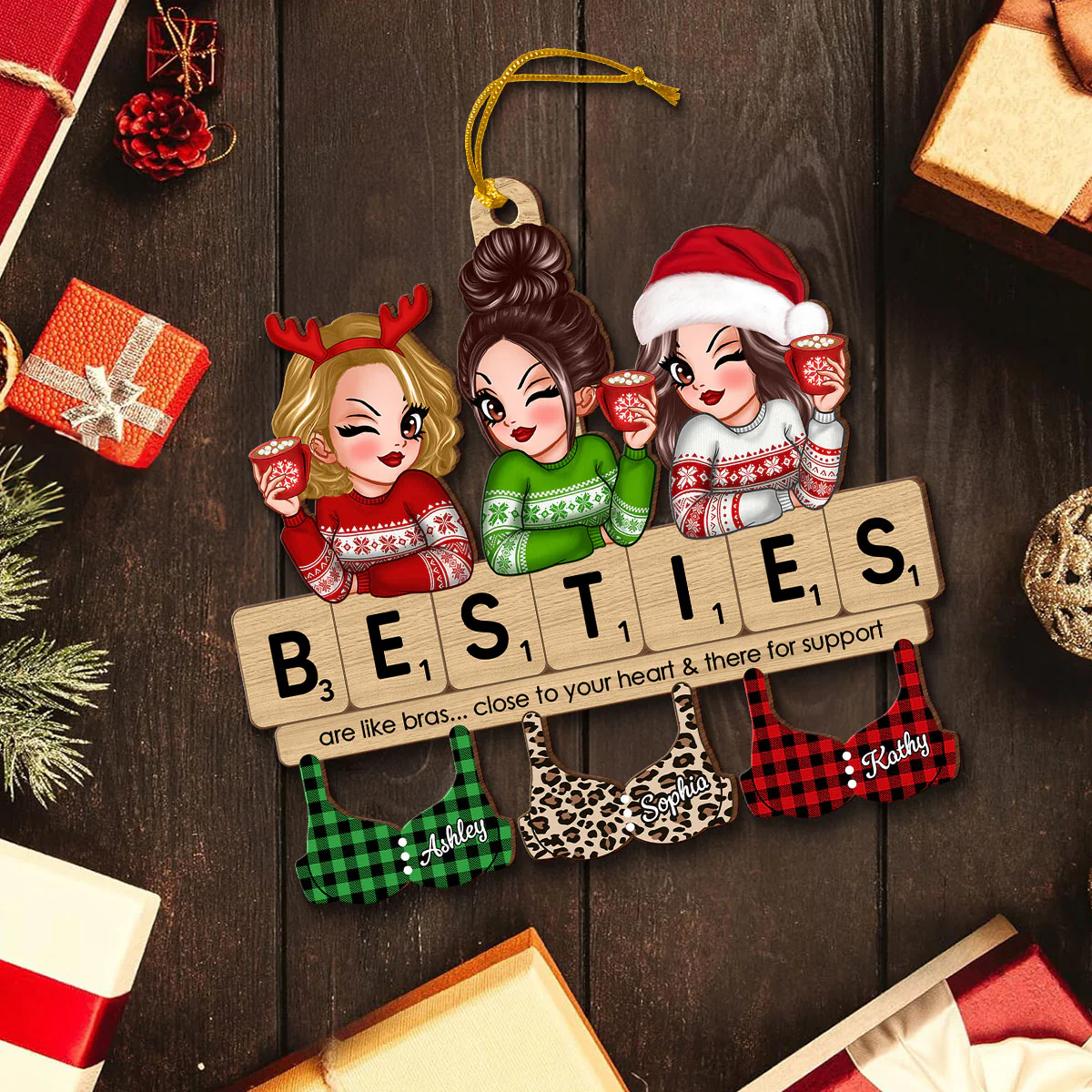 Friends Are Like Bras Girls Sitting On Puzzle Words Personalized Wooden Ornament - Image 5