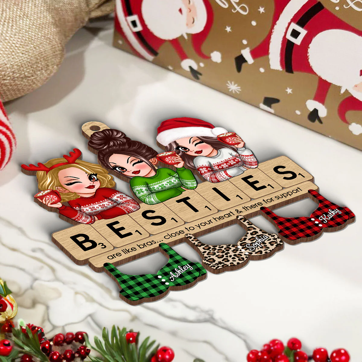 Friends Are Like Bras Girls Sitting On Puzzle Words Personalized Wooden Ornament - Image 6