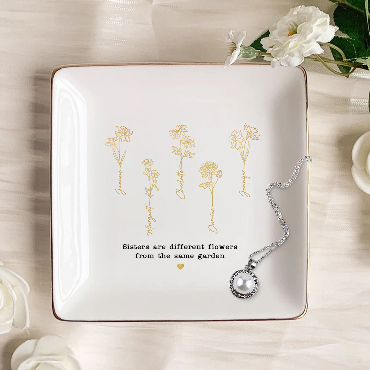 Friends Sisters Besties Birth Month Flowers Personalized Jewelry Dish, Christmas Gift for Sisters, Besties, Best Friends - Image 2