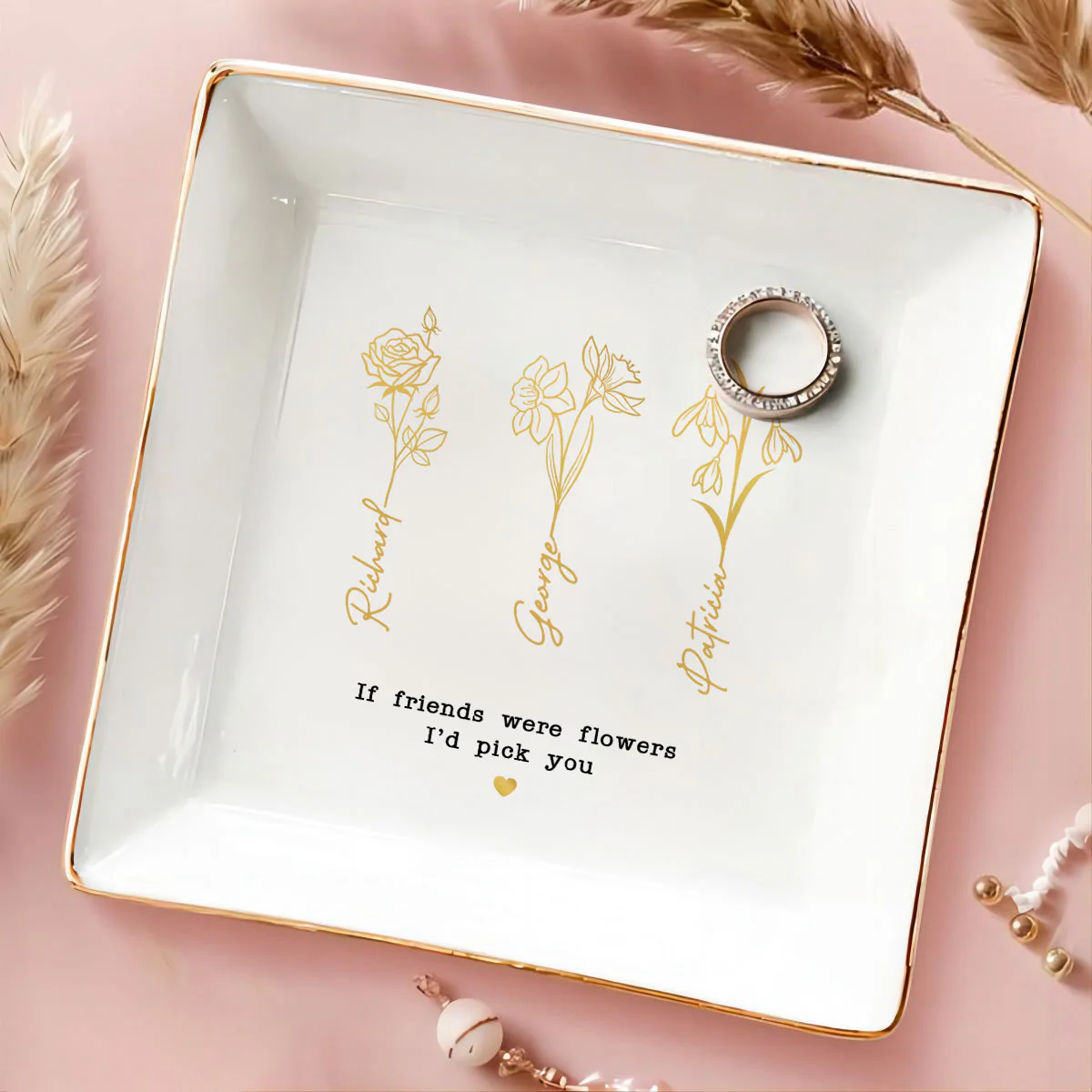 Friends Sisters Besties Birth Month Flowers Personalized Jewelry Dish, Christmas Gift for Sisters, Besties, Best Friends - Image 3