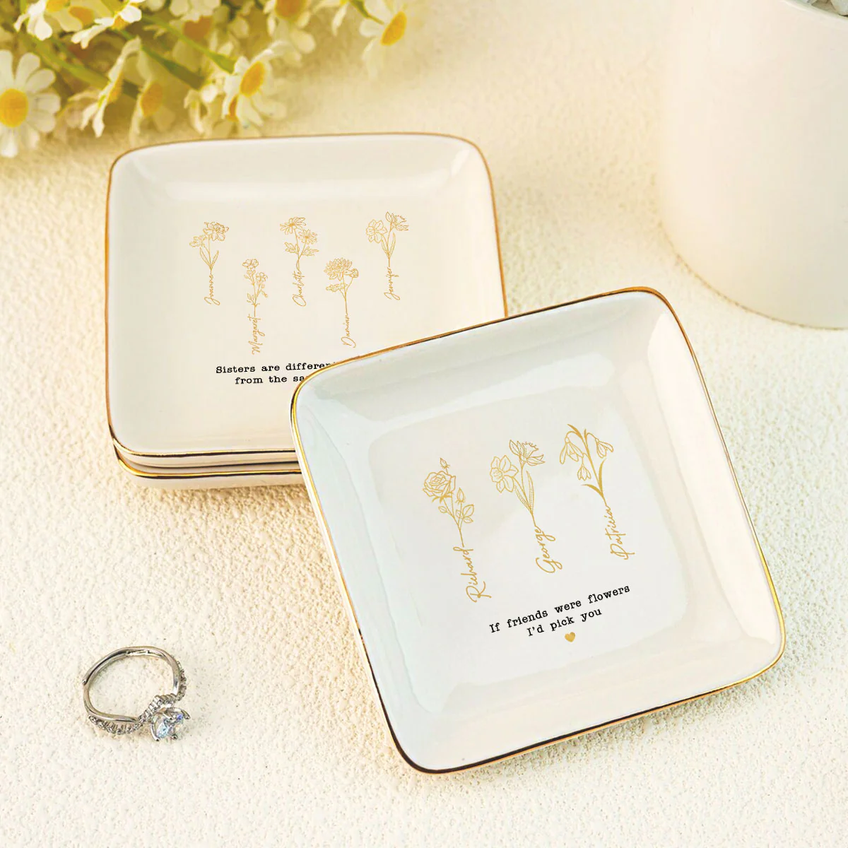 Friends Sisters Besties Birth Month Flowers Personalized Jewelry Dish, Christmas Gift for Sisters, Besties, Best Friends - Image 4