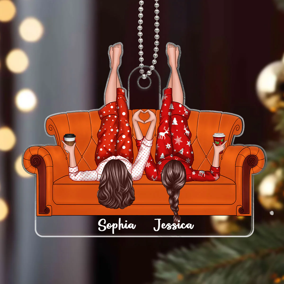 Friends Sisters Besties Lying On Couch Personalized Acrylic Ornament, Christmas Gift - Image 3