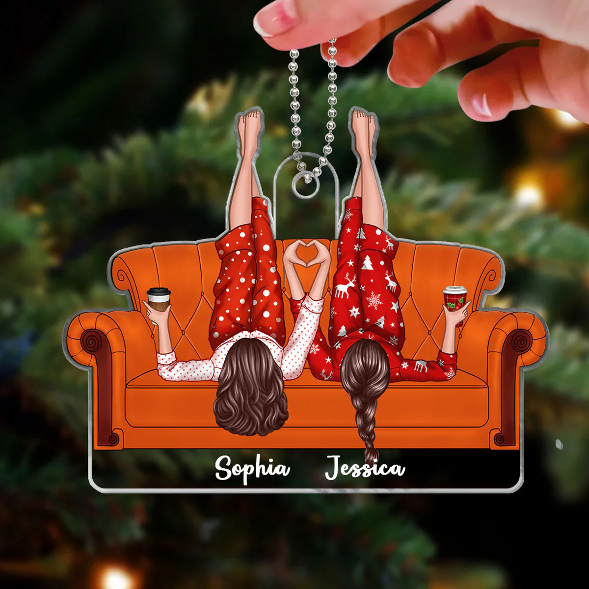 Friends Sisters Besties Lying On Couch Personalized Acrylic Ornament, Christmas Gift - Image 4