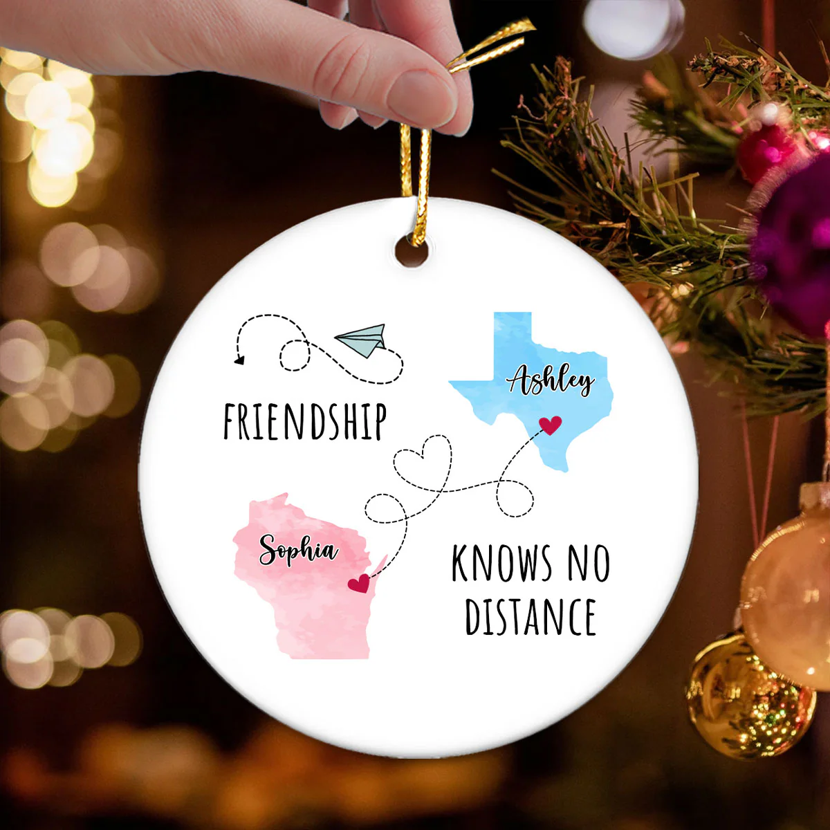 Friendship Sisters Family Love Knows No Distance Personalized Circle Ceramic Ornament, Long Distance State To State Togetherness Gift - Image 2