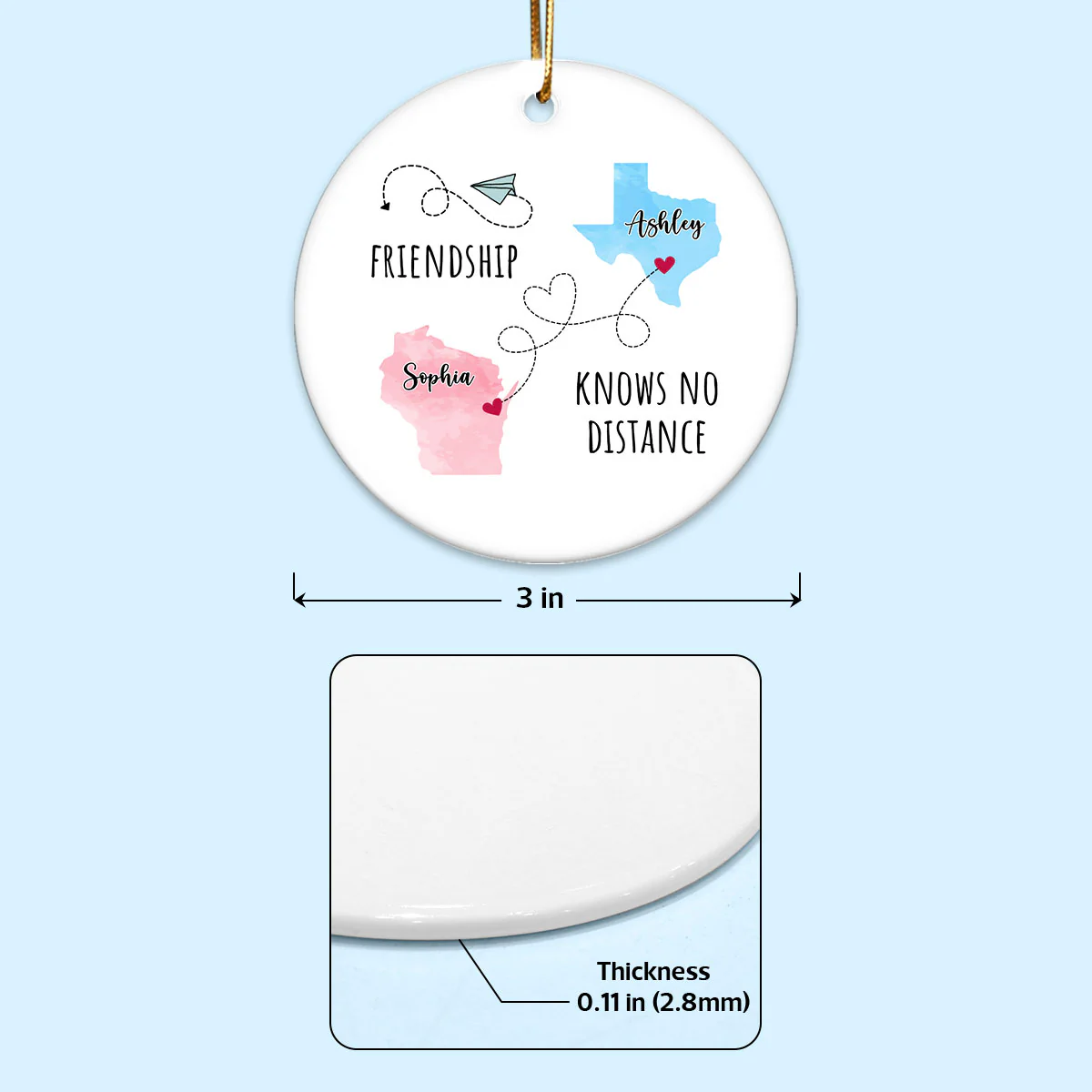 Friendship Sisters Family Love Knows No Distance Personalized Circle Ceramic Ornament, Long Distance State To State Togetherness Gift - Image 4