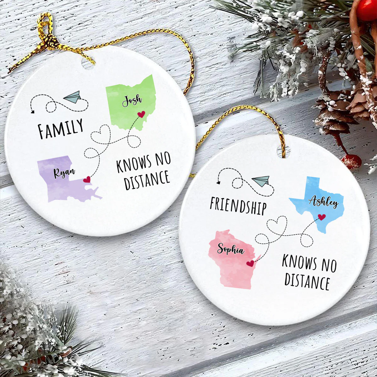 Friendship Sisters Family Love Knows No Distance Personalized Circle Ceramic Ornament, Long Distance State To State Togetherness Gift - Image 5
