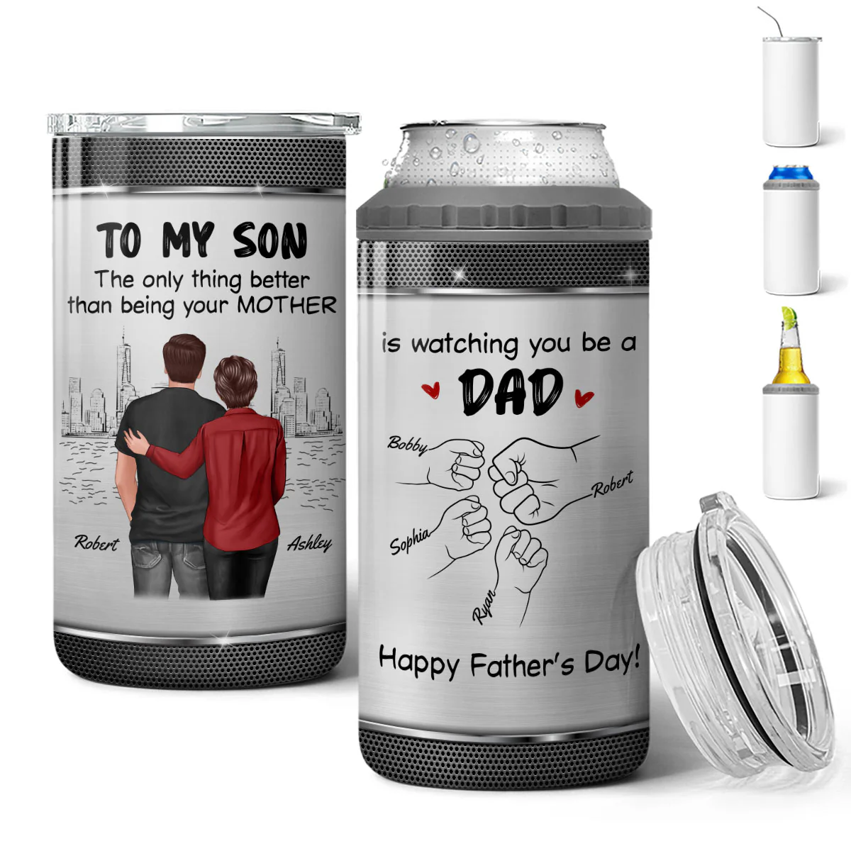 From Mom Dad To Son Watching You Be A Dad Personalized 4-in-1 Can Cooler, Gift For Son - Image 3