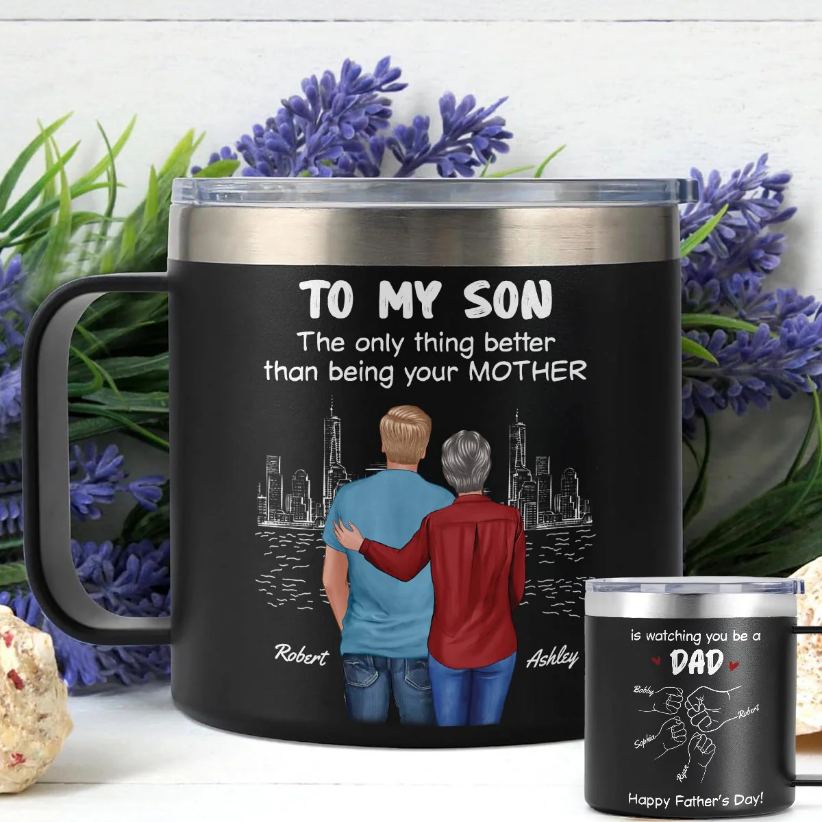 From Mom Dad To Son Watching You Be A Dad Personalized Stainless Steel Tumbler With Handle, Gift For Son - Image 8