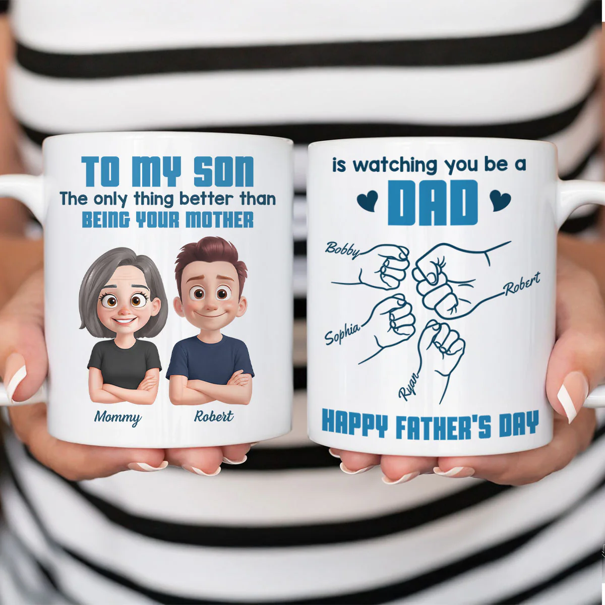 From Mom To Son Watching You Be A Dad Cartoon Style Fist Bump Personalized Mug, Father's Day Gift For Son - Image 5