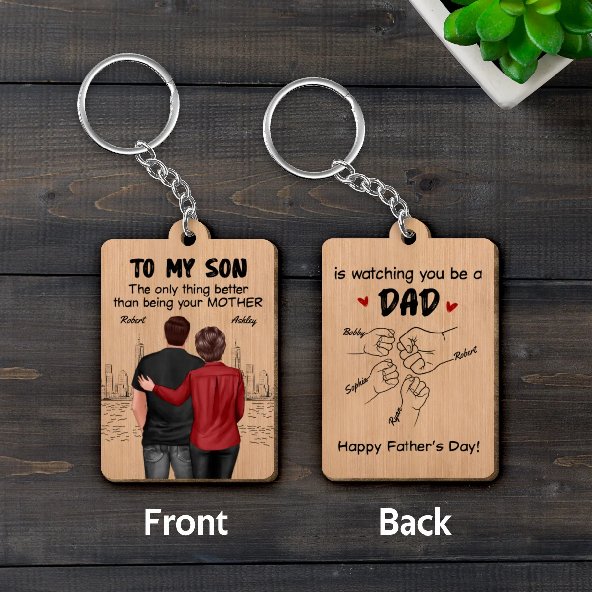 From Mom To Son Watching You Be A Dad Personalized Wooden Keychain, Gift For Son - Image 12