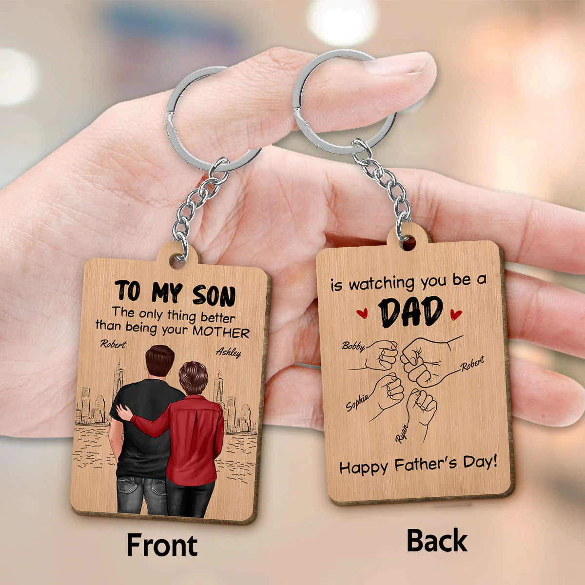 From Mom To Son Watching You Be A Dad Personalized Wooden Keychain, Gift For Son - Image 3