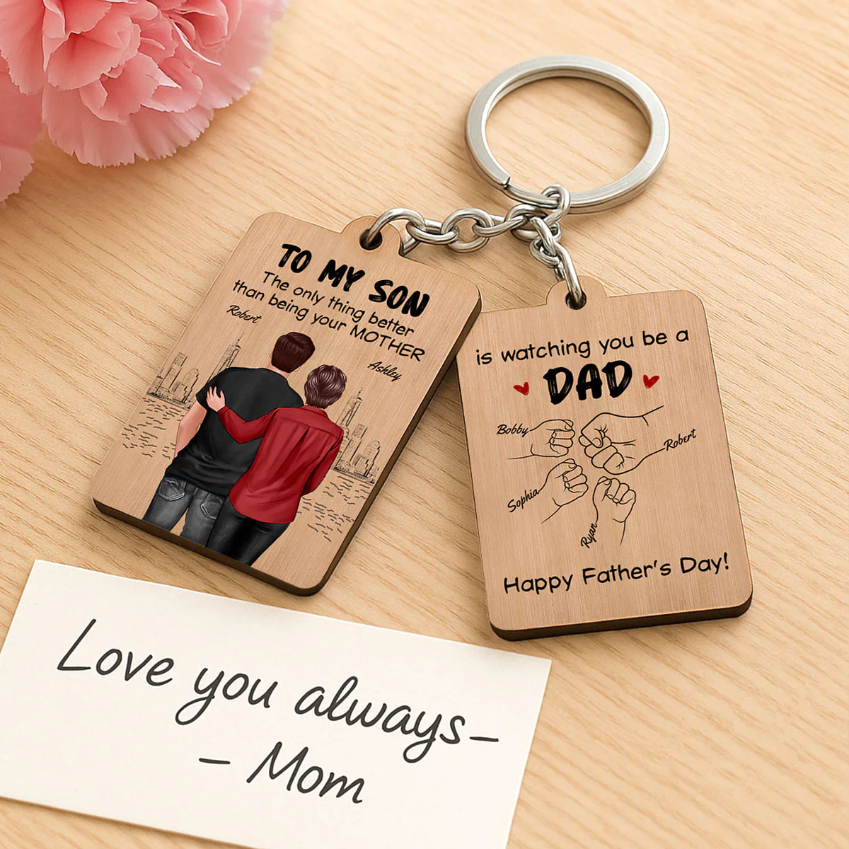 From Mom To Son Watching You Be A Dad Personalized Wooden Keychain, Gift For Son - Image 4